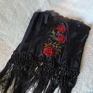 Vintage Victoria's Secret Black Velvet Rose Embroidered Fringe Corset RARE Sz L